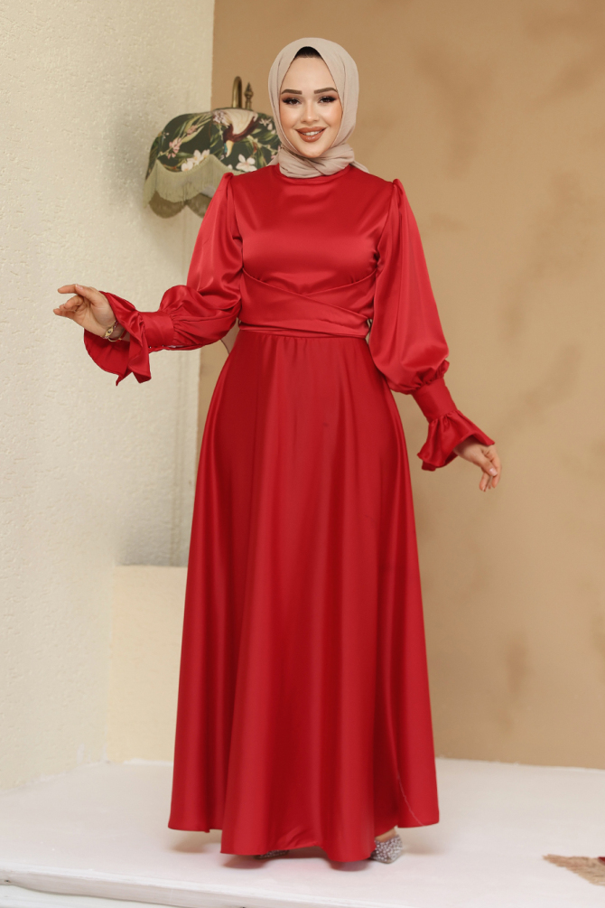 Tesettürlü Abiye Elbise - Saten Kırmızı Tesettür Abiye Elbise 6197K - 3