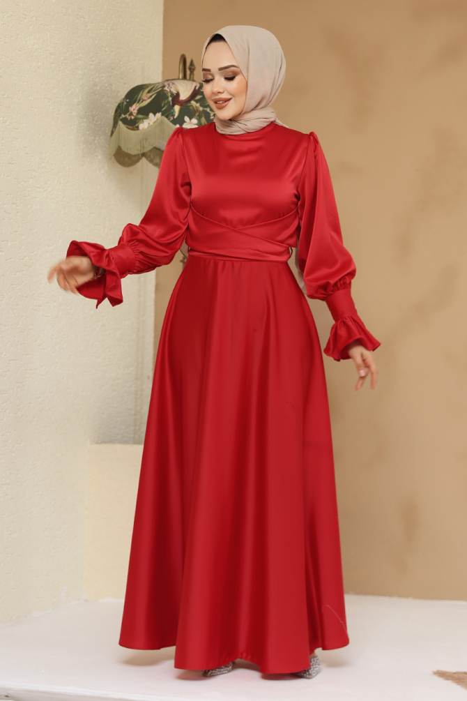 Tesettürlü Abiye Elbise - Saten Kırmızı Tesettür Abiye Elbise 6197K - 2