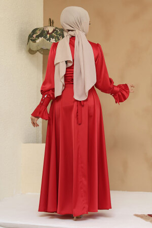 Tesettürlü Abiye Elbise - Saten Kırmızı Tesettür Abiye Elbise 6197K - 4