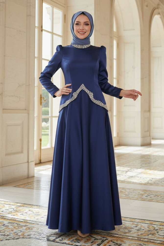 Tesettürlü Abiye Elbise - Saten Koyu İndigo Mavisi Tesettür Abiye Elbise 5459KIM - 1