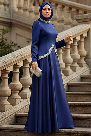 Tesettürlü Abiye Elbise - Saten Koyu İndigo Mavisi Tesettür Abiye Elbise 5459KIM 