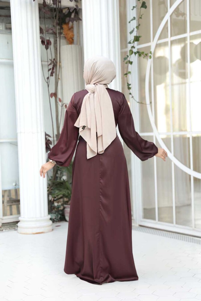 Tesettürlü Abiye Elbise - Saten Koyu Kahverengi Tesettür Abiye Elbise 73412KKH - 4