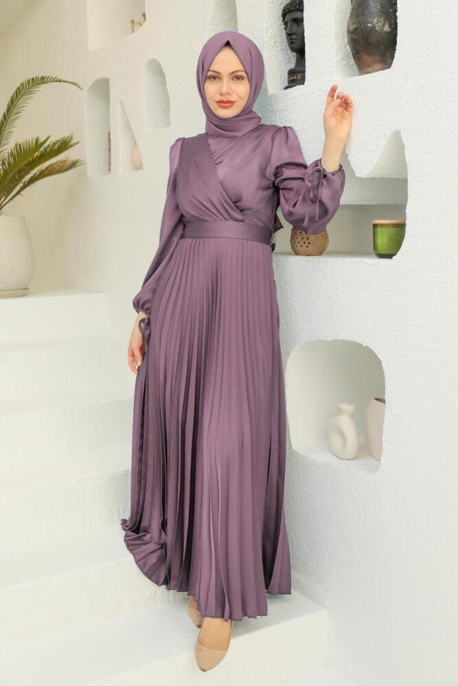 Tesettürlü Abiye Elbise - Saten Koyu Lila Tesettür Abiye Elbise 3452KLILA - 1