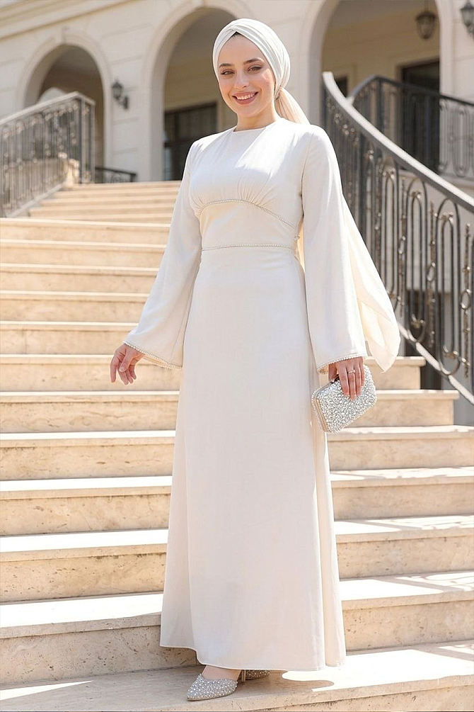Tesettürlü Abiye Elbise - Saten Krem Tesettür Abiye Elbise 61592KR - 1