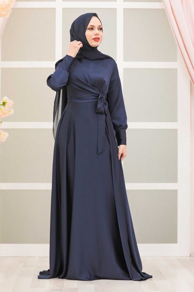 Tesettürlü Abiye Elbise - Saten Lacivert Tesettür Abiye Elbise 1420L - 1