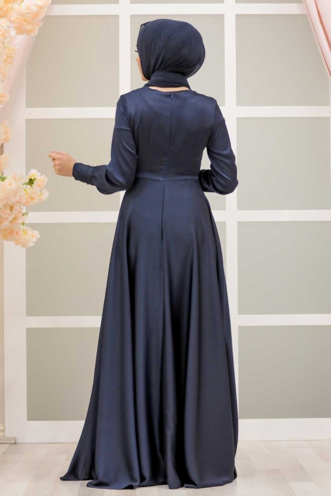 Tesettürlü Abiye Elbise - Saten Lacivert Tesettür Abiye Elbise 1420L - 2