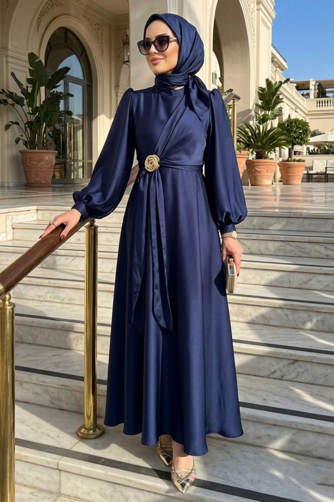 Tesettürlü Abiye Elbise - Saten Lacivert Tesettür Abiye Elbise 48961L - N.S NEVA STYLE
