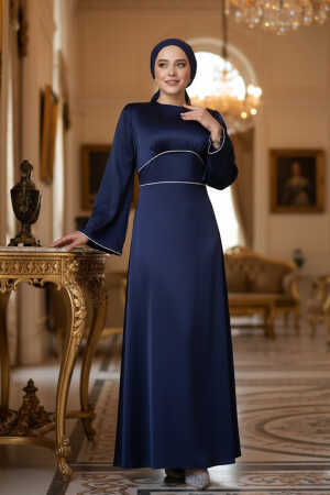 Tesettürlü Abiye Elbise - Saten Lacivert Tesettür Abiye Elbise 61592L 