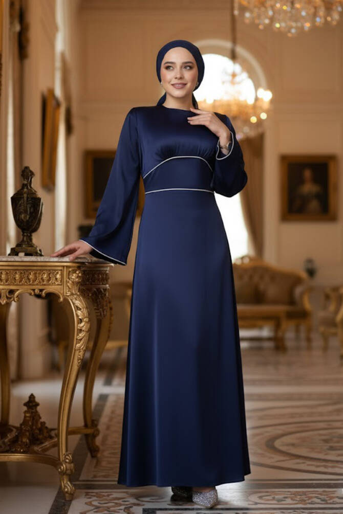 Tesettürlü Abiye Elbise - Saten Lacivert Tesettür Abiye Elbise 61592L - 1