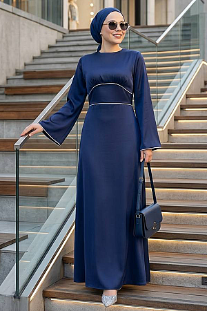 Tesettürlü Abiye Elbise - Saten Lacivert Tesettür Abiye Elbise 61592L 