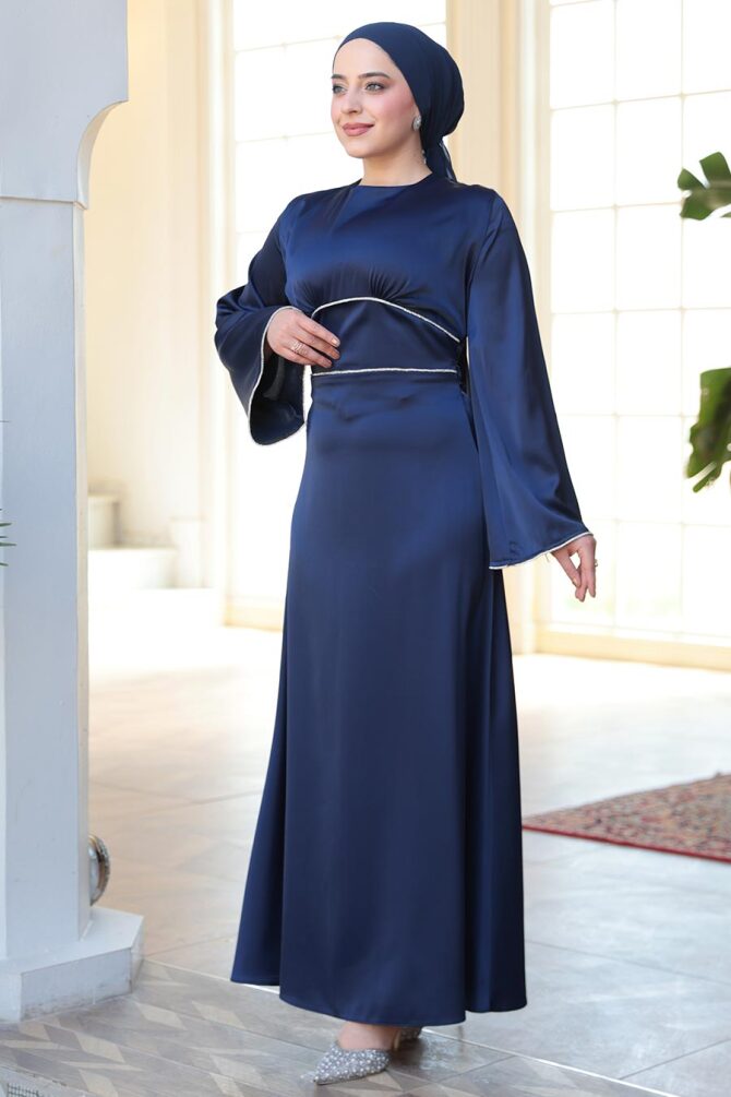 Tesettürlü Abiye Elbise - Saten Lacivert Tesettür Abiye Elbise 61592L - TESETTÜRLÜ ABİYE ELBİSELER