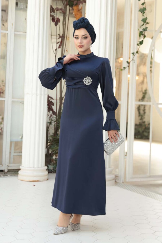 Tesettürlü Abiye Elbise - Saten Lacivert Tesettür Abiye Elbise 62301L - 3