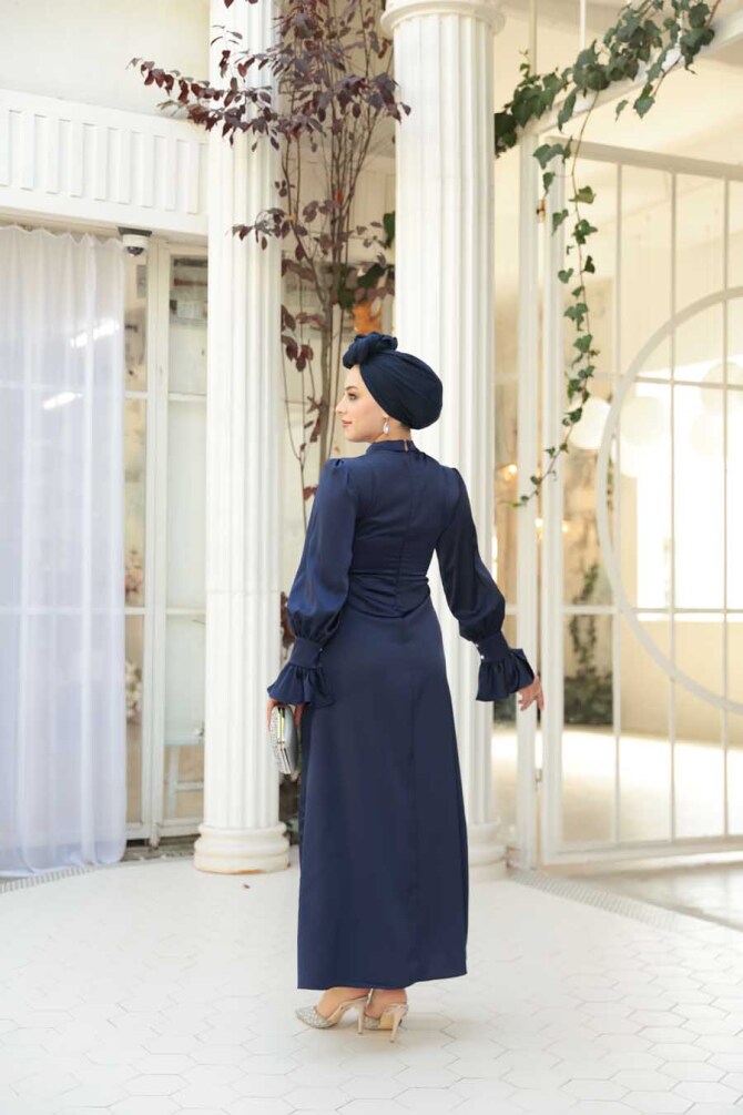 Tesettürlü Abiye Elbise - Saten Lacivert Tesettür Abiye Elbise 62301L - 4