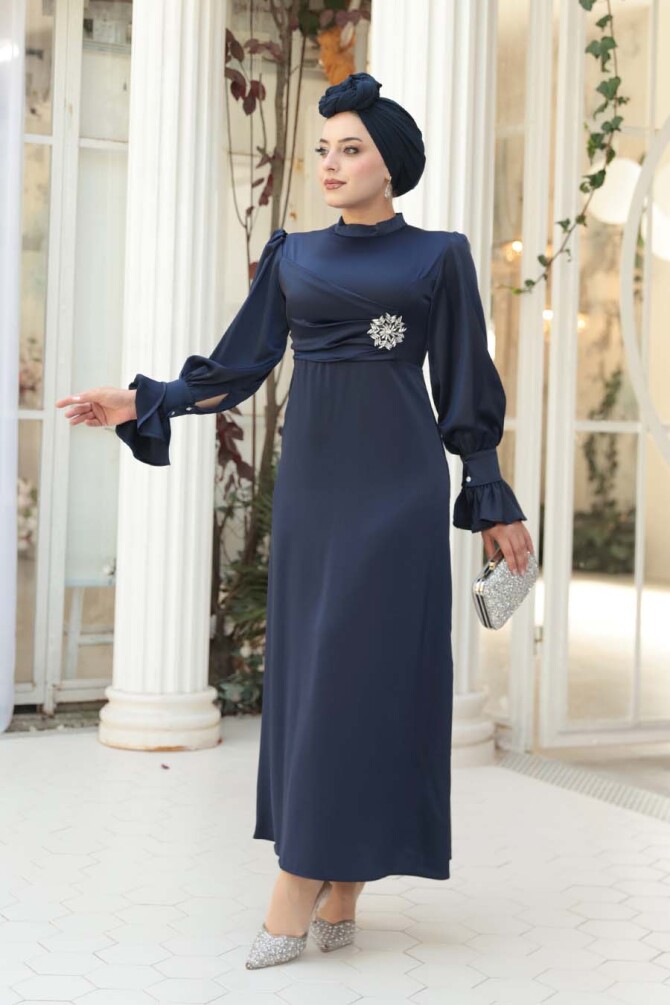Tesettürlü Abiye Elbise - Saten Lacivert Tesettür Abiye Elbise 62301L - N.S NEVA STYLE