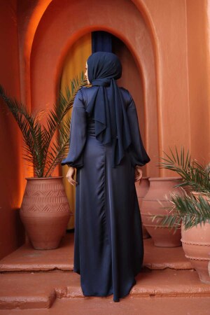 Tesettürlü Abiye Elbise - Saten Lacivert Tesettür Abiye Elbise 73412L - 3