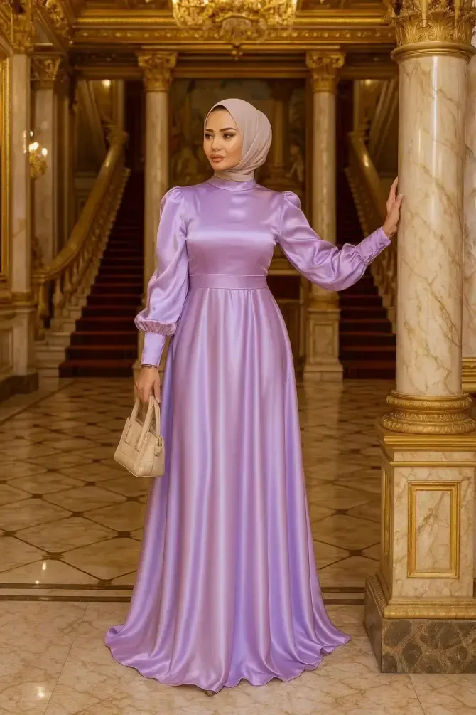 Tesettürlü Abiye Elbise - Saten Lila Tesettür Abiye Elbise 23242LILA - N.S NEVA STYLE