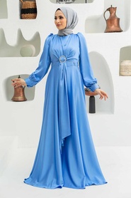 Tesettürlü Abiye Elbise - Saten Mavi Tesettür Abiye Elbise 3145M - Thumbnail