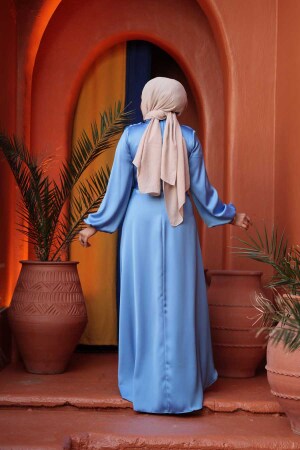 Tesettürlü Abiye Elbise - Saten Mavi Tesettür Abiye Elbise 73412M - 3
