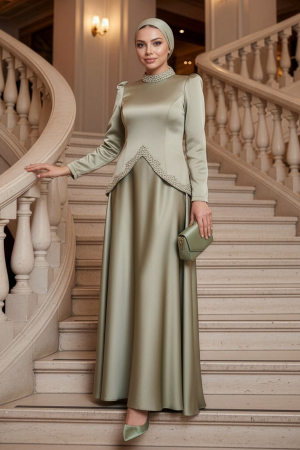Tesettürlü Abiye Elbise - Saten Mint Tesettür Abiye Elbise 5459MINT - N.S NEVA STYLE
