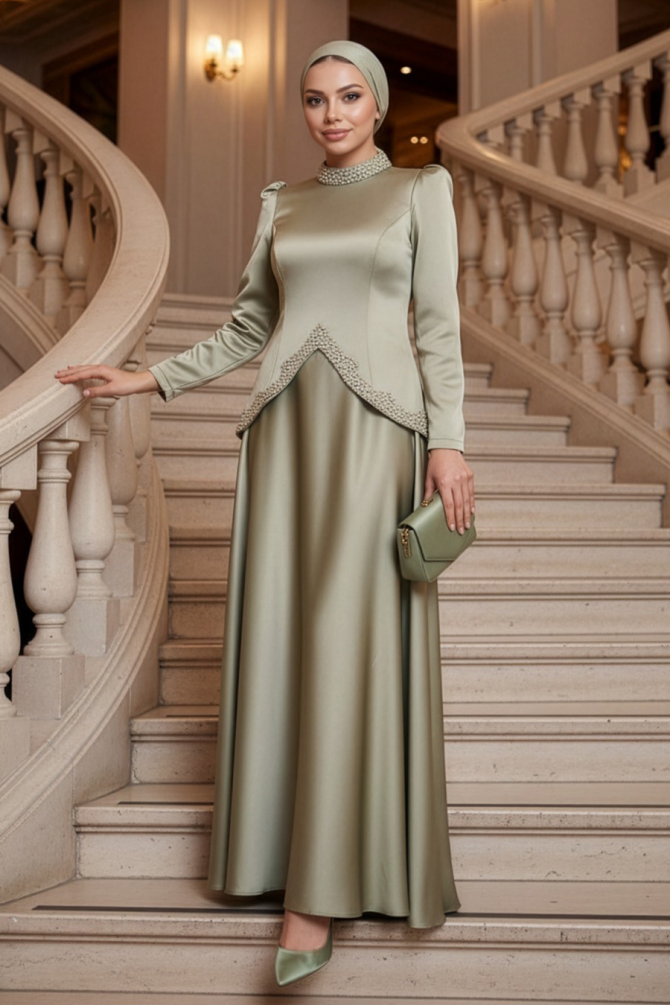 Tesettürlü Abiye Elbise - Saten Mint Tesettür Abiye Elbise 5459MINT - 1