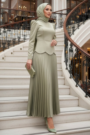 Tesettürlü Abiye Elbise - Saten Mint Tesettür Abiye Elbise 5462MINT - N.S NEVA STYLE