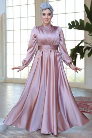 Tesettürlü Abiye Elbise - Saten Pudra Tesettür Abiye Elbise 23821PD 
