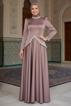 Tesettürlü Abiye Elbise - Saten Pudra Tesettür Abiye Elbise 5459PD - N.S NEVA STYLE