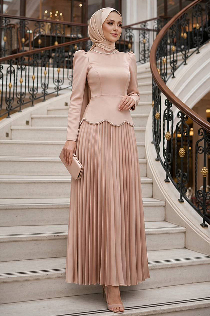 Tesettürlü Abiye Elbise - Saten Pudra Tesettür Abiye Elbise 5462PD - 1