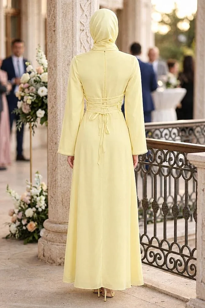 Tesettürlü Abiye Elbise - Saten Sarı Tesettür Abiye Elbise 61592SR - 2