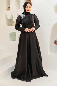 Tesettürlü Abiye Elbise - Saten Siyah Tesettür Abiye Elbise 22301S - Thumbnail