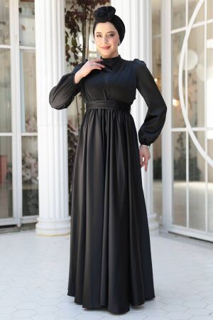 Tesettürlü Abiye Elbise - Saten Siyah Tesettür Abiye Elbise 23821S - 3