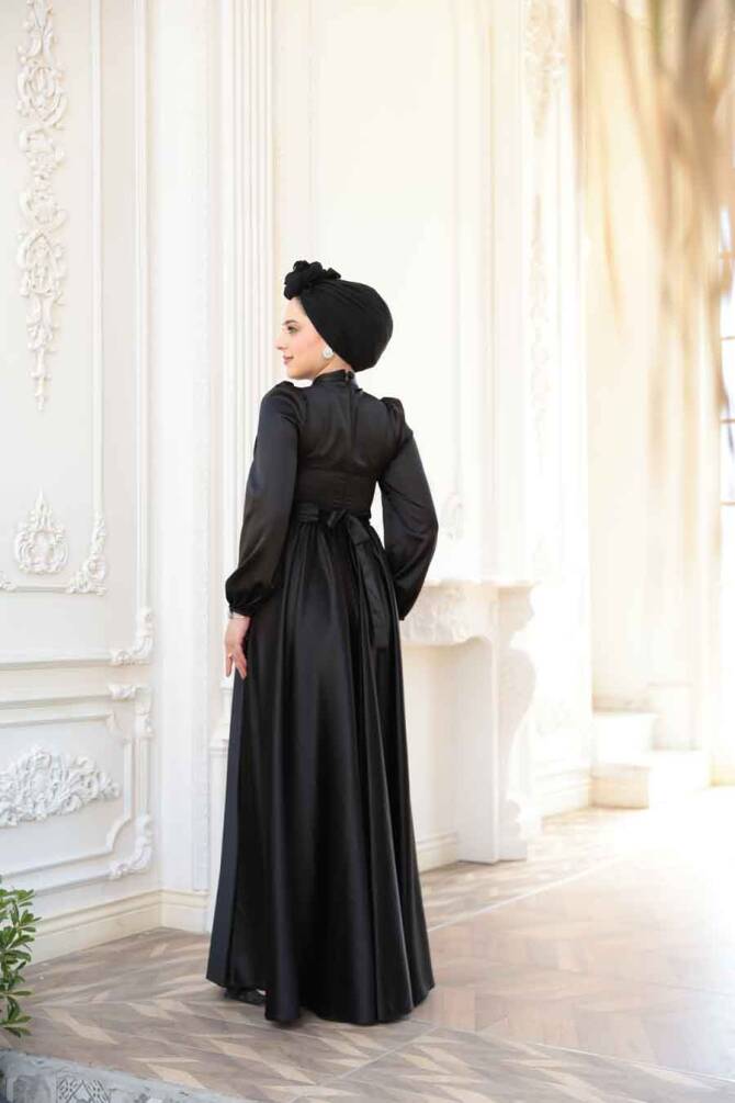 Tesettürlü Abiye Elbise - Saten Siyah Tesettür Abiye Elbise 23821S - 5