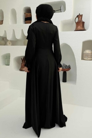 Tesettürlü Abiye Elbise - Saten Siyah Tesettür Abiye Elbise 3389S - 2