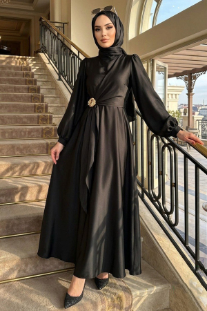 Tesettürlü Abiye Elbise - Saten Siyah Tesettür Abiye Elbise 48961S 