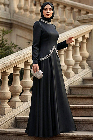 Tesettürlü Abiye Elbise - Saten Siyah Tesettür Abiye Elbise 5459S 