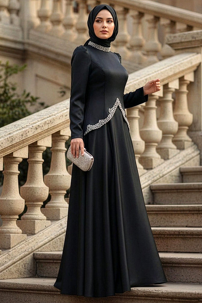 Tesettürlü Abiye Elbise - Saten Siyah Tesettür Abiye Elbise 5459S - 1