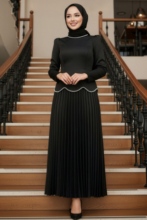 Tesettürlü Abiye Elbise - Saten Siyah Tesettür Abiye Elbise 5462S 