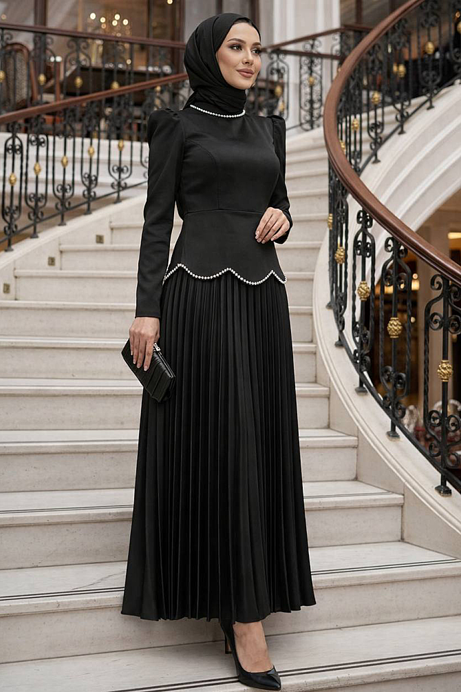 Tesettürlü Abiye Elbise - Saten Siyah Tesettür Abiye Elbise 5462S - N.S NEVA STYLE