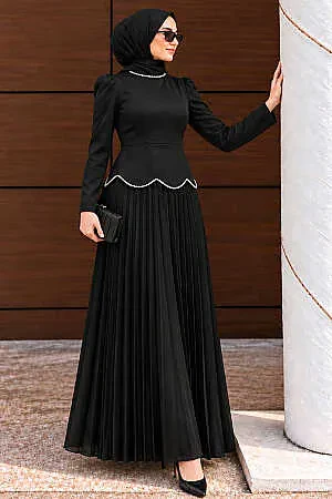 Tesettürlü Abiye Elbise - Saten Siyah Tesettür Abiye Elbise 5462S - N.S NEVA STYLE