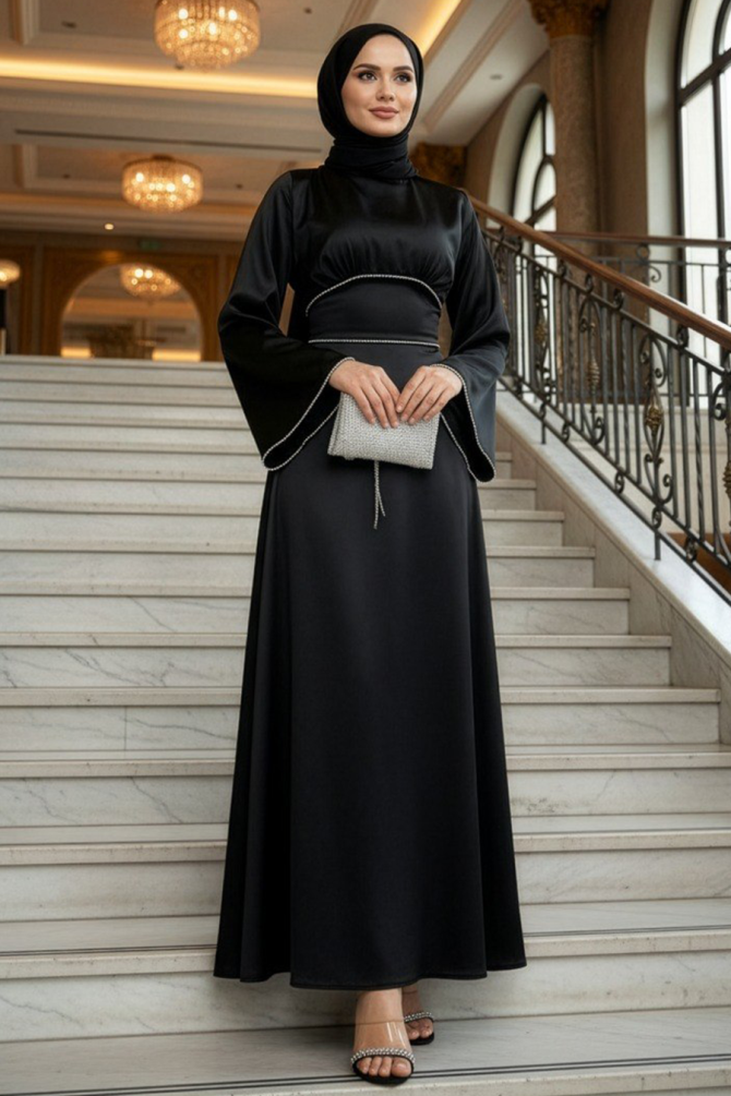 Tesettürlü Abiye Elbise - Saten Siyah Tesettür Abiye Elbise 61592S - 1