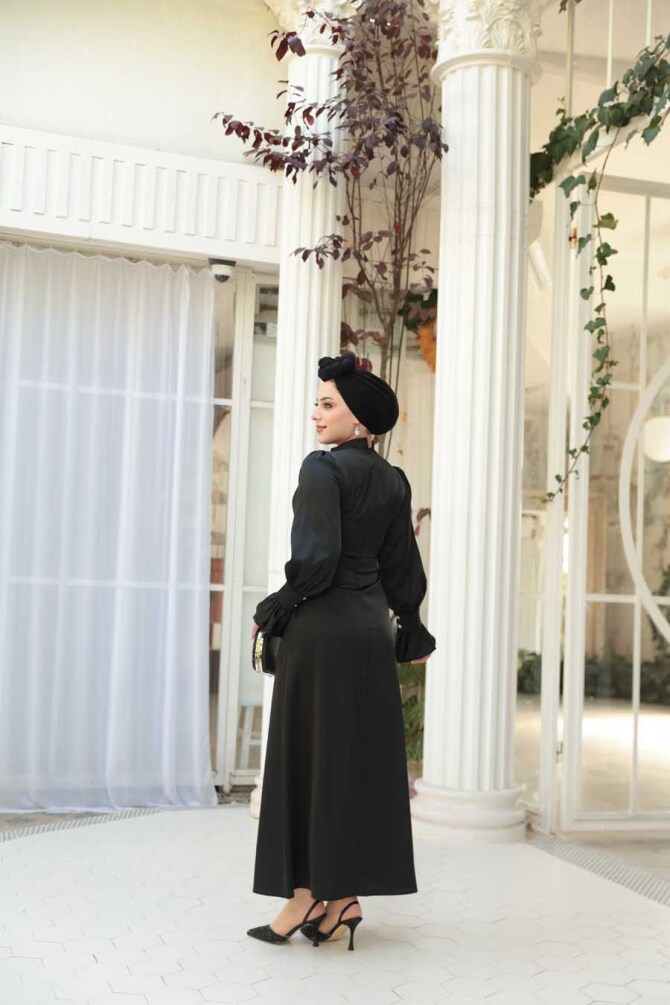 Tesettürlü Abiye Elbise - Saten Siyah Tesettür Abiye Elbise 62301S - 4