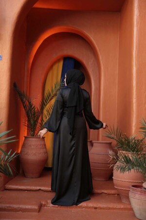 Tesettürlü Abiye Elbise - Saten Siyah Tesettür Abiye Elbise 73412S - 4