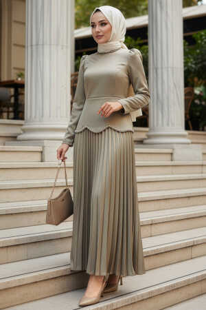 Tesettürlü Abiye Elbise - Saten Su Yeşili Tesettür Abiye Elbise 5462SY - 1