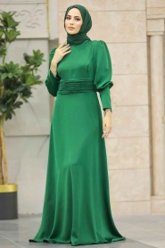 Tesettürlü Abiye Elbise - Saten Yeşil Tesettür Abiye Elbise 4171Y - Thumbnail