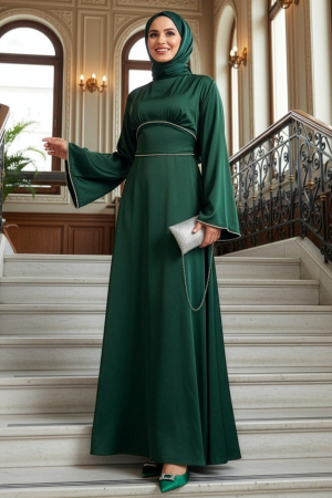 Tesettürlü Abiye Elbise - Saten Zümrüt Yeşili Tesettür Abiye Elbise 61592ZY 