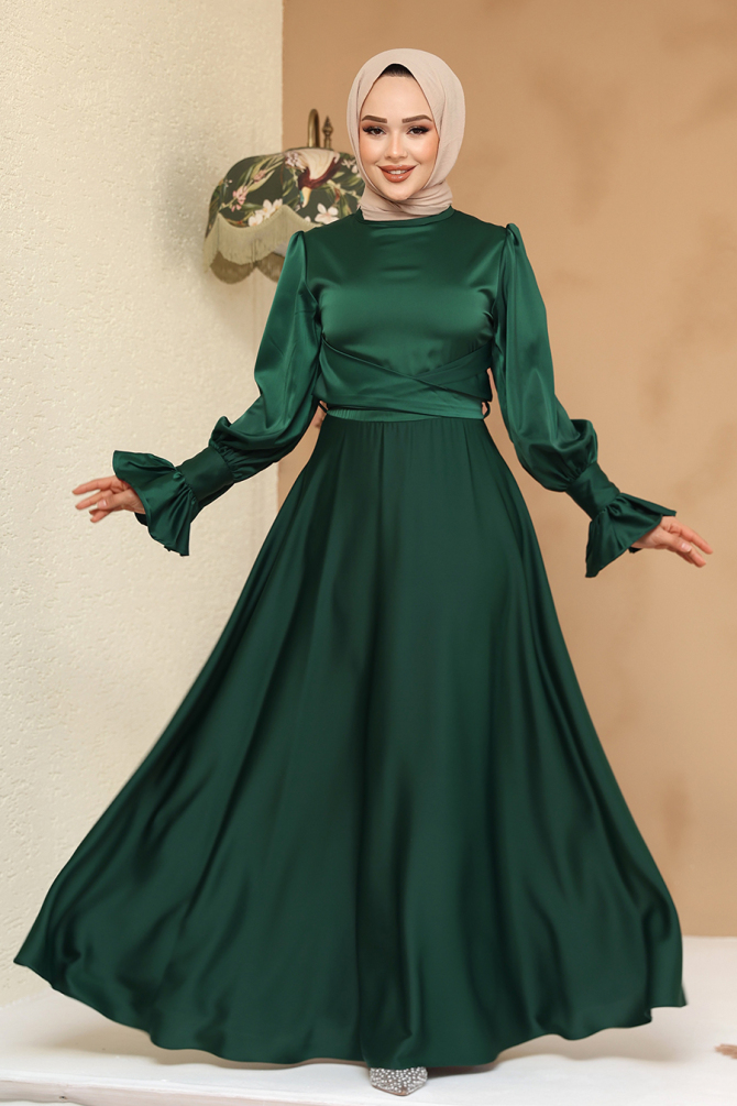 Tesettürlü Abiye Elbise - Saten Zümrüt Yeşili Tesettür Abiye Elbise 6197ZY - 2