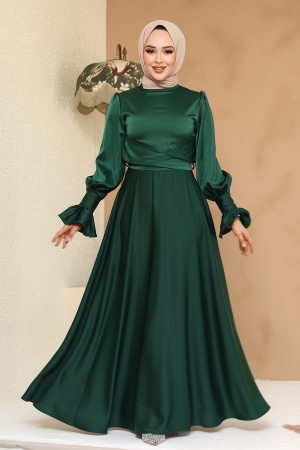 Tesettürlü Abiye Elbise - Saten Zümrüt Yeşili Tesettür Abiye Elbise 6197ZY - 1