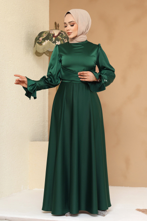 Tesettürlü Abiye Elbise - Saten Zümrüt Yeşili Tesettür Abiye Elbise 6197ZY - 4