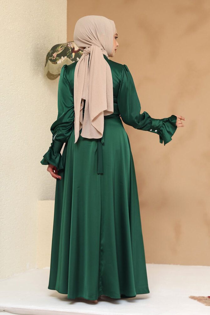 Tesettürlü Abiye Elbise - Saten Zümrüt Yeşili Tesettür Abiye Elbise 6197ZY - 5