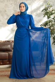Tesettürlü Abiye Elbise - Sax Bleu Vêtements Islamiques Robe de Soirée 5736SX - Thumbnail